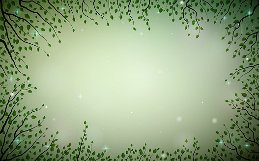 green fairy plant frame, fireflies in the summer dream background, fairy green tree branches, vector,