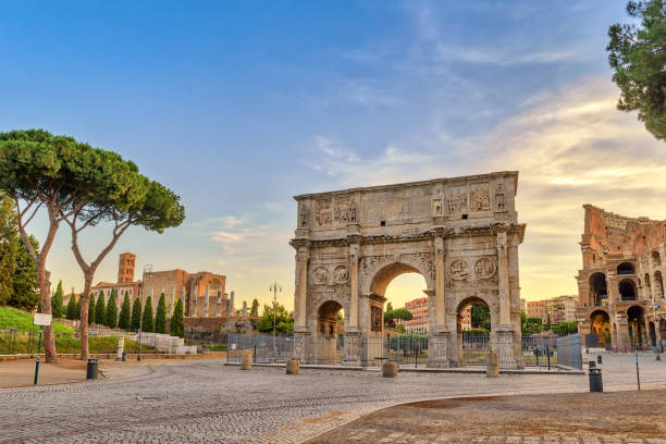 Rome sunrise city skyline at Arch of Constantine, Rome, Italy stock photo