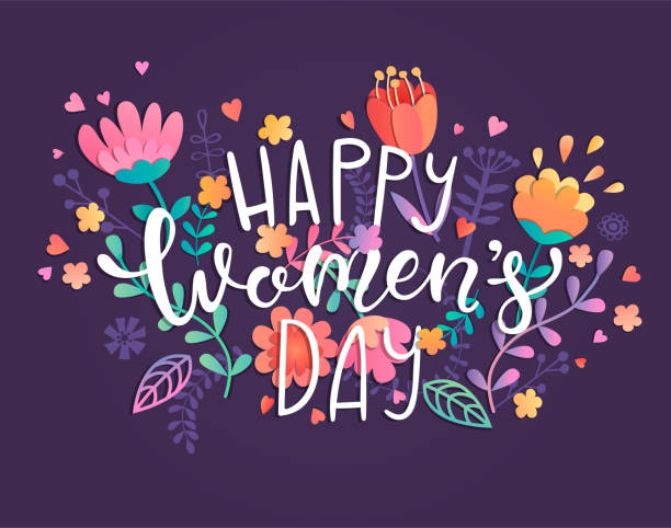 Happy women's day card Happy women's day card with handdrawn lettering on violet background with beautiful flowers and leaves. Vector illustration template, banner, flyer, invitation, poster. womens day flowers stock illustrations