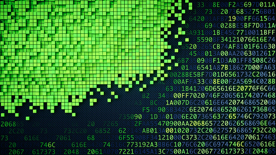 A top view on an artificial structure made out of green cubes on a surface with encrypted computer code.

