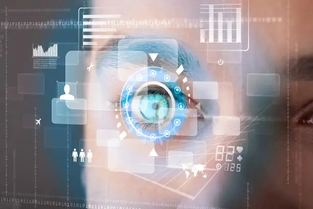 Photo of Futuristic modern cyber man with technology screen eye panel