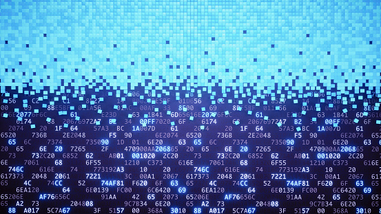 A top view on an artificial structure made out of blue cubes on a surface with glowing encrypted computer code.

