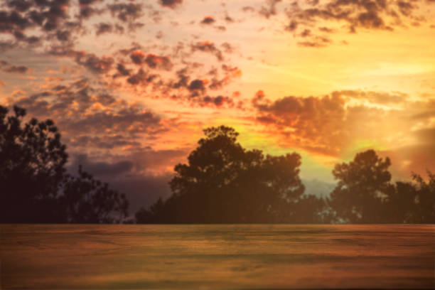 Dramatic sunset sky with clouds in vibrant hues.  Tree silhouette borders frame.  Empty wooden table foreground.