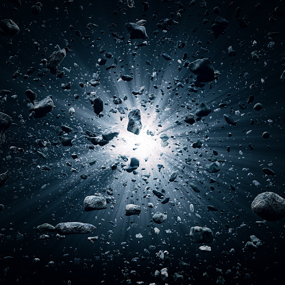 Rocks and debris flying through space after a huge big bang explosion (3D render illustrating the big bang theory