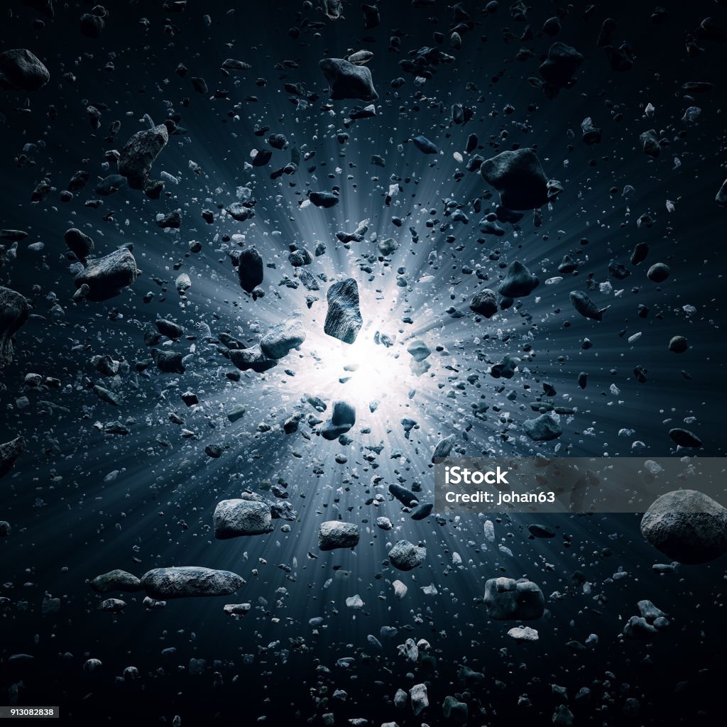 Big Bang explosion in space Rocks and debris flying through space after a huge big bang explosion (3D render illustrating the big bang theory Exploding Stock Photo