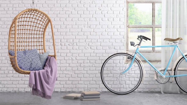 istock Modern hipster interior with pendant chair window and curtains with copy space wall 913084038