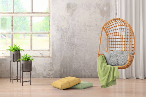 istock Modern hipster interior with pendant chair window and curtains with copy space wall 913084066