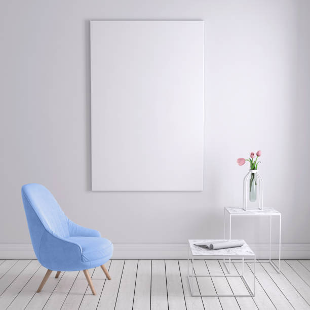 istock Blue colored armchair with coffee table, flowers and blank poster template 913084078