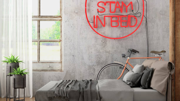 Bedroom interior Bedroom interior background, render with bed, window with curtain, plant in a vase, bicycle, and blank wall for copy space. Red neon sign on the wall. template background mock up neon bedroom stock pictures, royalty-free photos & images