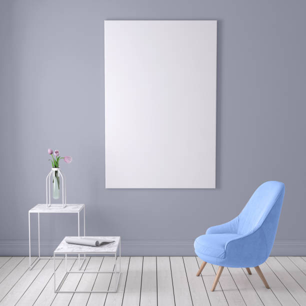istock Blue colored armchair with coffee table, flowers and blank poster template 913084122