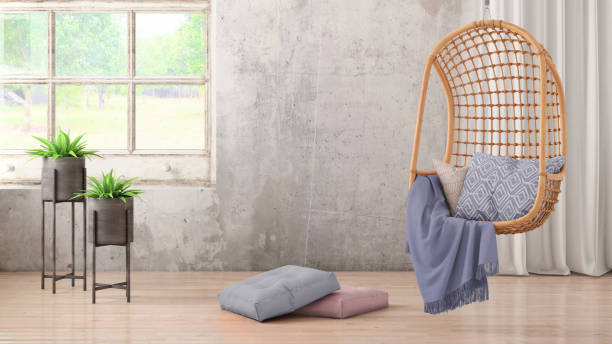 istock Modern hipster interior with pendant chair window and curtains with copy space wall 913084170