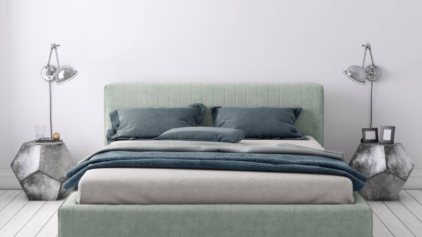 istock Bed with nightstand and wall lamp template 913084184