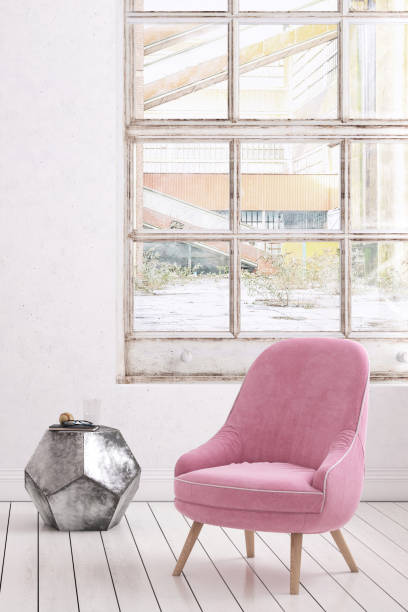 istock Pastel colored armchair with coffee table, window and blank wall template 913084202