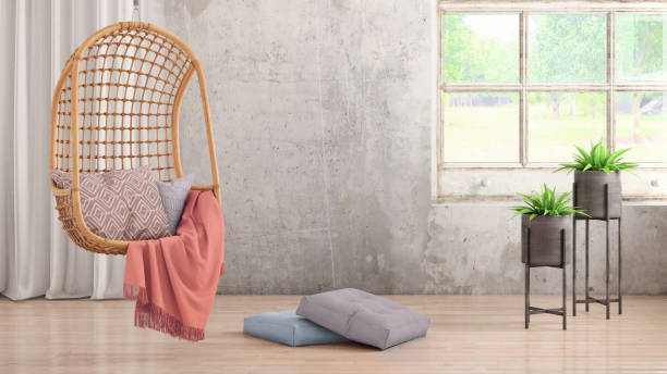 istock Modern hipster interior with pendant chair window and curtains with copy space wall 913084208