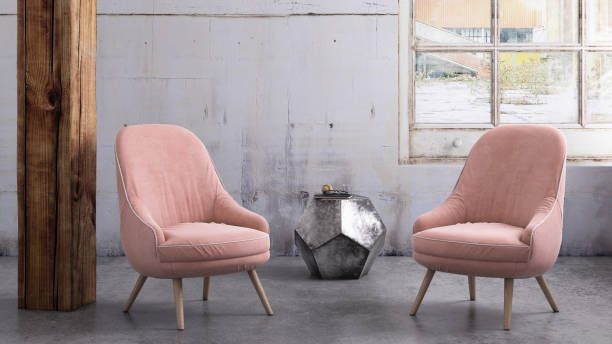 istock Pastel colored armchairs with coffee table, window and blank wall template 913084226