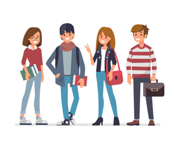 Group of students Group of young students. Flat style vector illustration isolated on white background. teenager illustrations stock illustrations