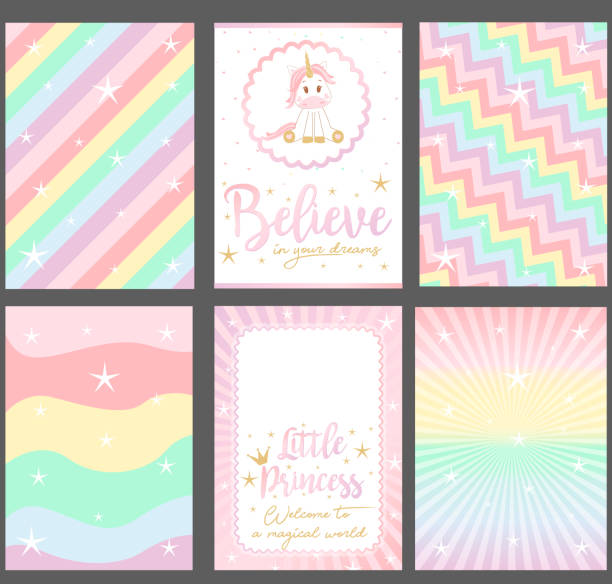 Set of colored pastel vector cards for party invitation. Rainbow background."Unicorn" baby shower. Slogan: "Believe in your dreams. Little princess. Welcome in magical world". Pink text and gold crown bedroom borders stock illustrations