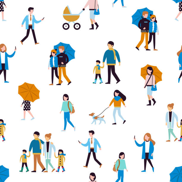 people pattern Seamless pattern with walking people. Flat style vector illustration isolated on white background. cartoon of people falling stock illustrations