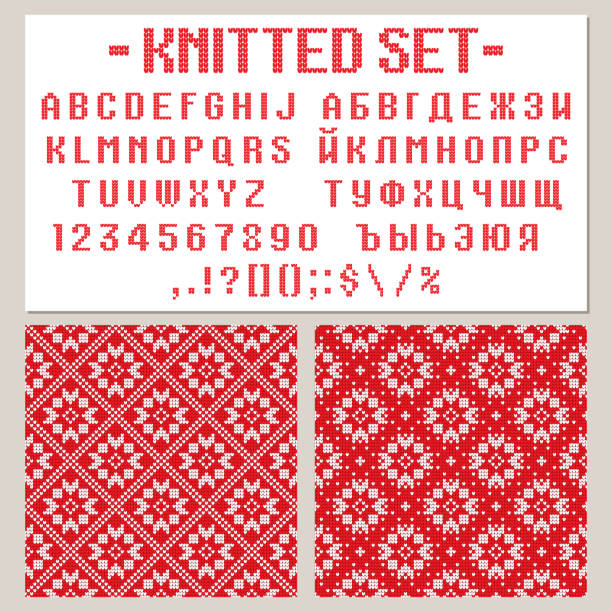 A knitted vector alphabet. Latin and cyrillic letters, numbers, punctuations isolated on white background. Set of ABC and ornamental knitted seamless patterns. A knitted vector alphabet. Latin and cyrillic letters, numbers, punctuations isolated on white background. Set of ABC and ornamental knitted seamless patterns. Can use in advertising, greeting cards, posters, sale, an ugly sweater design christmas sweater stock illustrations