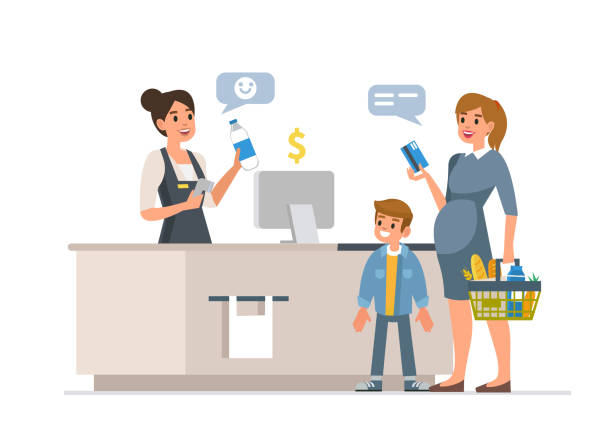 cashier Retail woman cashier with barcode scanner and family with purchases. Family shopping in supermarket and paying with card.  Flat style vector illustration, isolated on white background. happy family shopping stock illustrations
