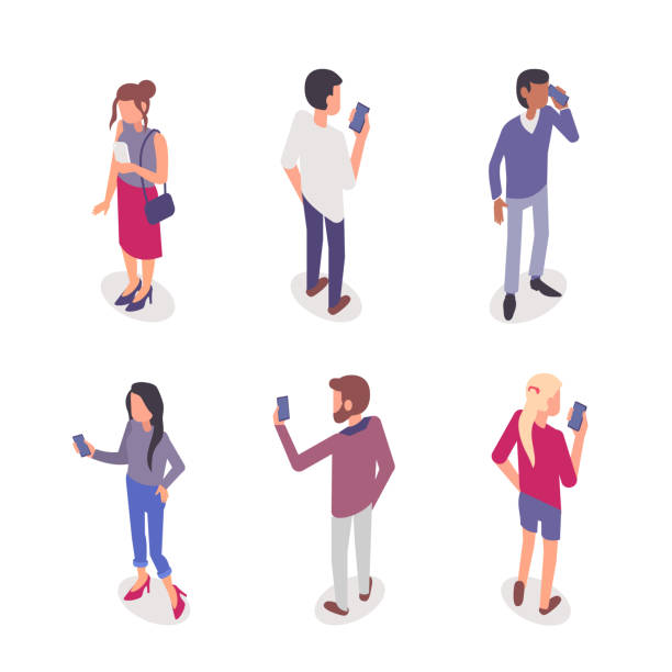 isometric people Young people with smartphones. Flat isometric illustrations isolated on white background. Smart Casual stock illustrations