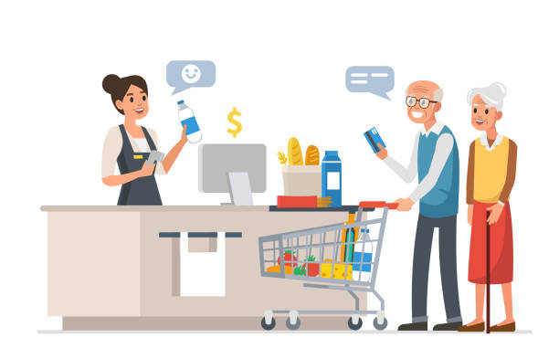 elderly family shopping Retail woman cashier with barcode scanner and elderly couple with purchases. Family shopping in supermarket and paying with card. Vector illustration. retail clerk illustrations stock illustrations