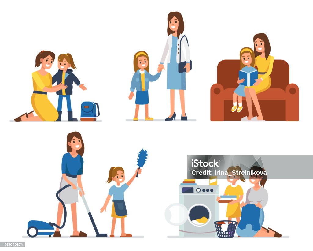 mother and daughter Mother and daughter  spend leisure together.  Flat style vector illustration isolated on white background. Mother stock vector