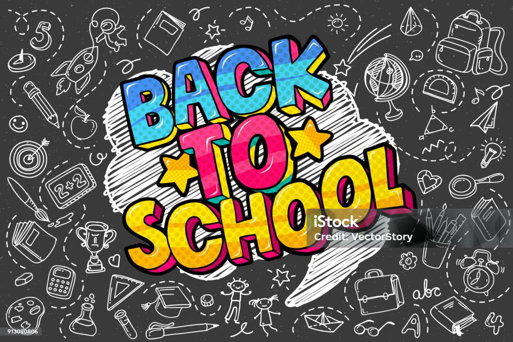 Back to school. Concept of education. School background with hand drawn school supplies and comic speech bubble with Back to School lettering in pop art style on blackboard. Back to School stock vector