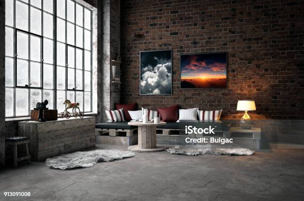 Industrialstyle Domestic Room Stock Photo - Download Image Now - Industry, Living Room, Loft Apartment