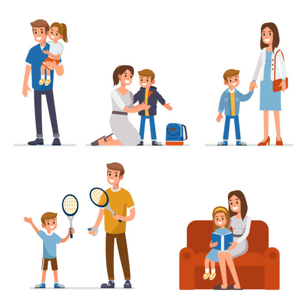 illustrazioni stock, clip art, cartoni animati e icone di tendenza di genitori con figli - child book reading offspring