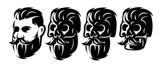 Vector illustration of vector style set with male head and skulls with beard and mustache.