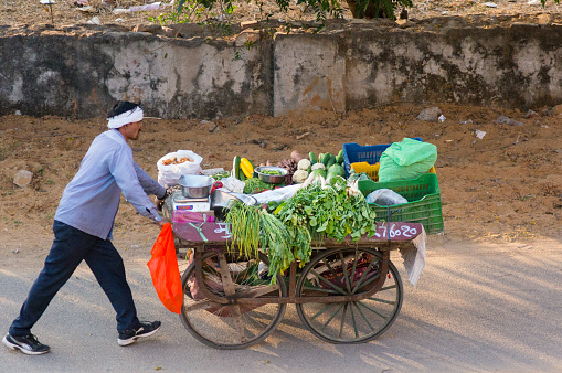 Jaipur, India - 13th Jan 2018: Man selling vegetables by loading them onto a handcart and selling them on the streets of india