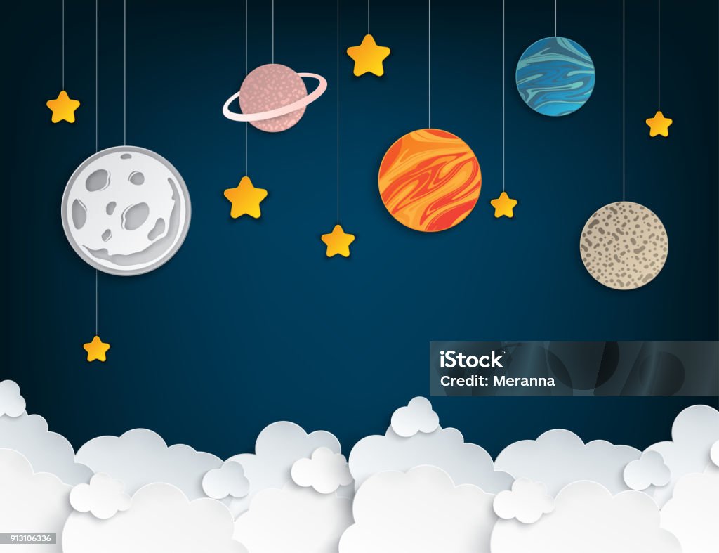 Paper art origami abstract concept with stars, fluffy clouds, full moon, different planets of solar system. Vector illustration Outer Space stock vector