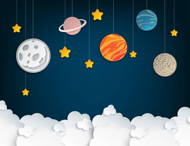 Paper art origami abstract concept with stars, fluffy clouds, full moon, different planets of solar system. Vector illustration Paper art origami abstract concept with stars, fluffy clouds, full moon, different planets of solar system. Vector illustration solar system stock illustrations