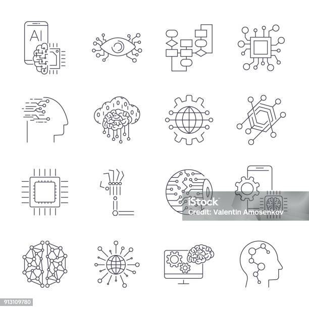 Artificial Intelligence Industry Integration Iot Industrial Business Web Computing Concept Ai Factory Manufacturing Management Process Development Engineering Technology Editable Stroke Stock Illustration - Download Image Now