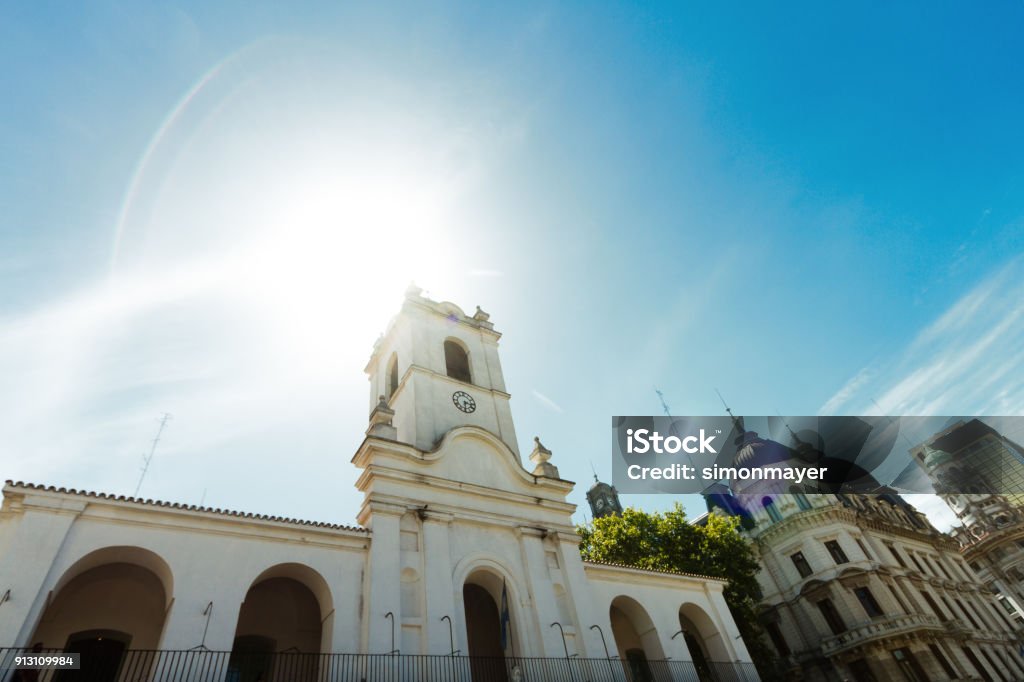 Cabildo of Buenos Aires (Argentina) seen from below with solar backlight Architecture Stock Photo