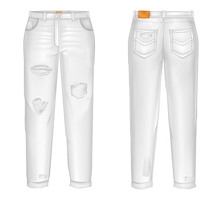 Vector realistic white jeans with rips, gaps. Pair of unisex trousers isolated on white background. Classic casual, modern pants with pockets 3d illustration. Mockup for internet design, promotion