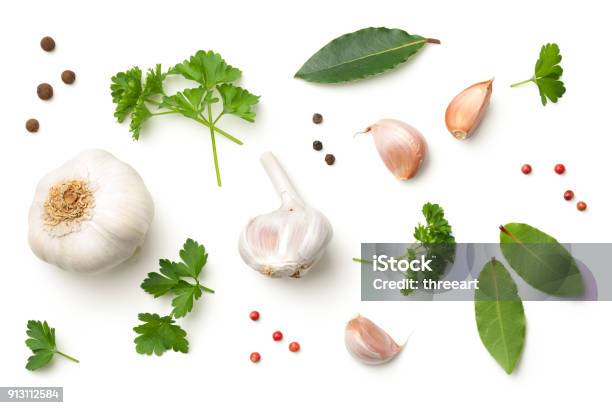 Garlic Bay Leaves Parsley Allspice Pepper Isolated On White Background Stock Photo - Download Image Now