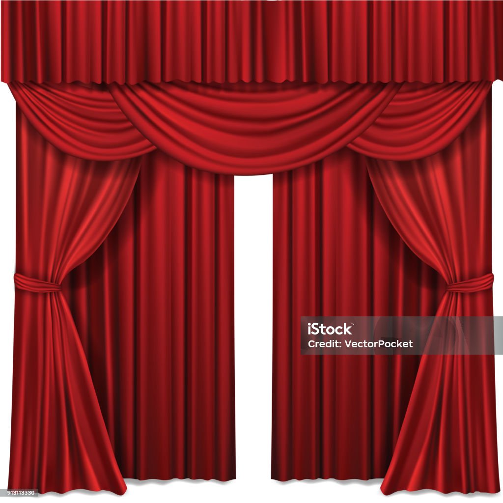 Red stage curtains realistic vector illustration for theater or opera scene performance Red stage curtain realistic vector illustration for theater or opera scene backdrop, concert grand opening or cinema premiere. Red curtains or portiere drapes for ceremony performance design template Curtain stock vector