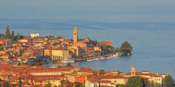Aerial view of the city Salo at lake Garda in Italy stock photo