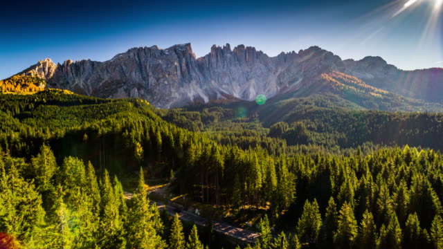 Aerial shot of Dolomite Alps at Latemar Mountain in South Tyrol, Italy