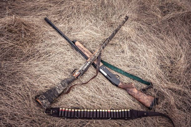 istock Hunting shotguns on dry grass on haystack as hunting background in wild west style 913129090