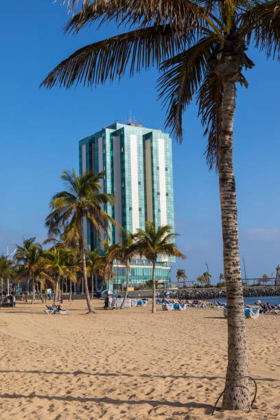 LANZAROTE, SPAIN - JANUARY 20TH 2018: A view of the Arrecife Gran Hotel & Spa with Playa De Reducto in the foreground, in Arrecife, Lanzarote, on 20th January 2018.