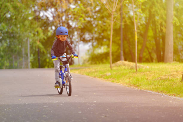 istock Happy kid boy of 5 years having fun in spring park with a bicycle on beautiful fall day. Active child wearing bike helmet 913131478
