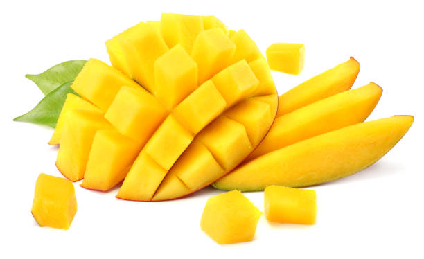 istock mango slice with green leaves isolated on white background 913131984