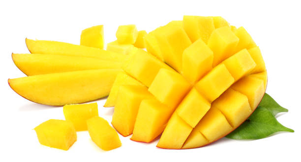 istock mango slice with green leaves isolated on white background 913133998
