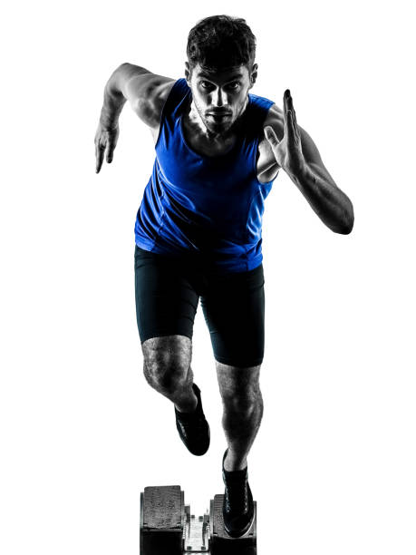 runner sprinter läuft sprinten leichtathletik mann silhouette isola - leichtathletik startblock stock-fotos und bilder