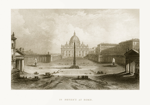 Extremely Rare, Beautifully Illustrated Antique Victorian Engraved Illustration of St. Peter's Basilica, Vatican, Italy Victorian Engraving, from Liberators of Italy, A Book about General Garibaldi’s fight for the liberation of Italy. Published in 1865. Copyright has expired on this artwork. Digitally restored.