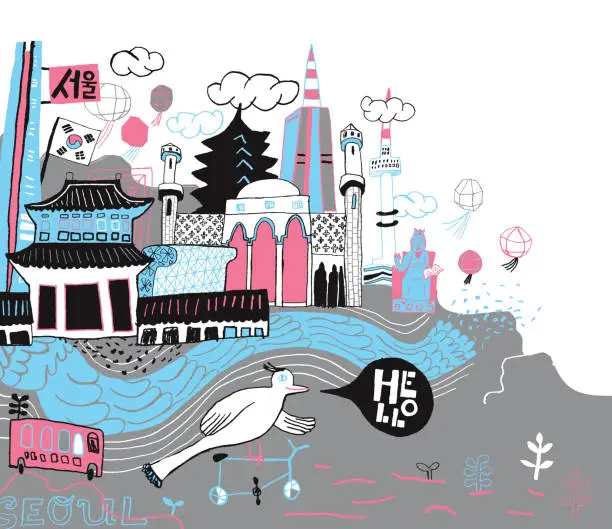 Vector illustration of Seoul in South Korea hand drawn city