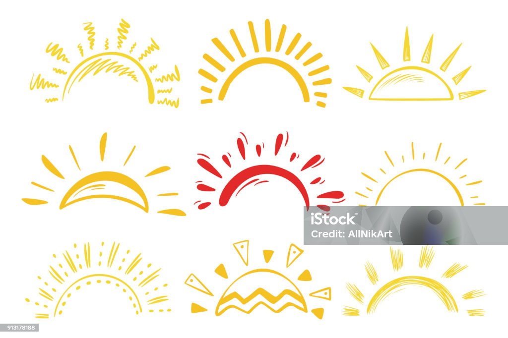 El sol los iconos Vector conjunto. Doodle soles diferentes - arte vectorial de Sol libre de derechos